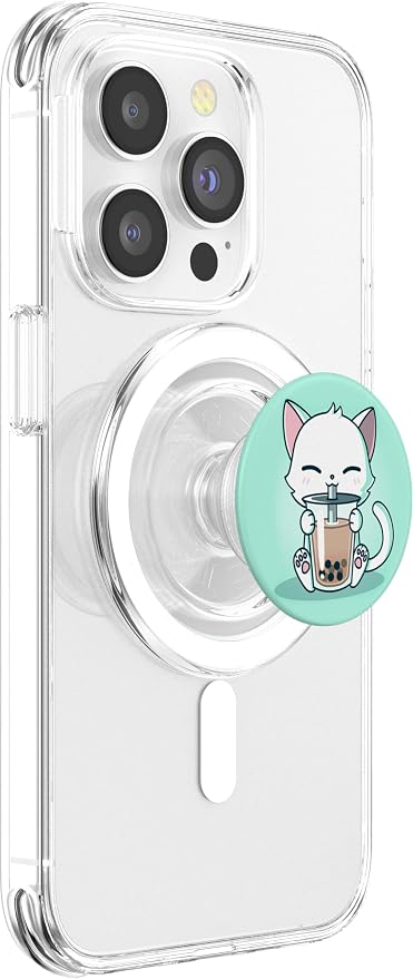 Cute Boba Kit Tea Cat Enjoying Tea Pet Kitty Lover Green PopSockets PopGrip: Swappable Grip for Phones &amp Tablets