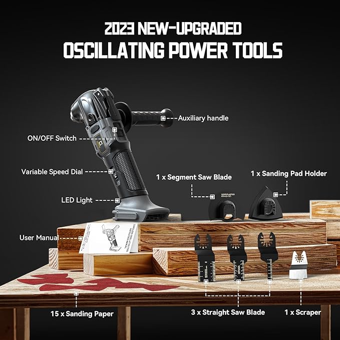 Cordless Oscillating Tool Compatible with Dewalt 20v Battery, 21000 OPM Max Brushless-Motor Tool with Auxiliary Handle, Oscillating Multi-Tool for Scraping, Sanding,Cutting Wood(Not Battery)