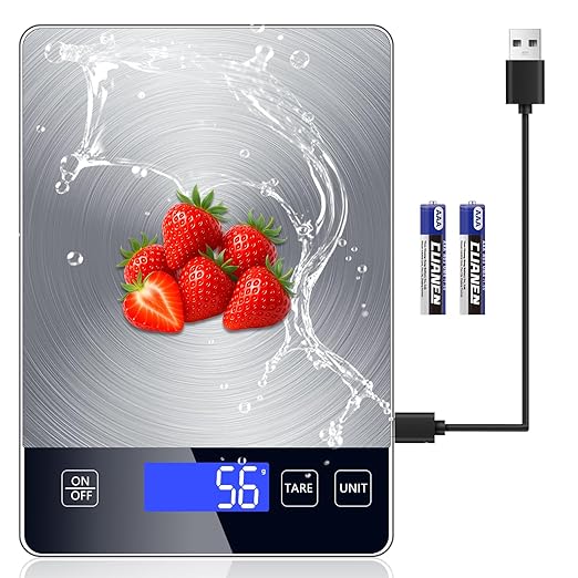 Food Kitchen Scale, Digital Food Scale 33lb Digital Kitchen Scale Precisely Measures Grams and Ounces for Meal Prep Baking and Cooking, Rechargeable 304 Stainless Steel Kitchen Scale LCD Display