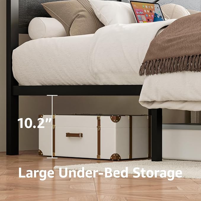 Rustic King Size Bed Frame with Storage Drawers and Barn Door Headboard, Farmhouse LED King Bed Frame with Charging Station, Metal Industrial Platform Bed Frames, No Box Spring Needed, Black