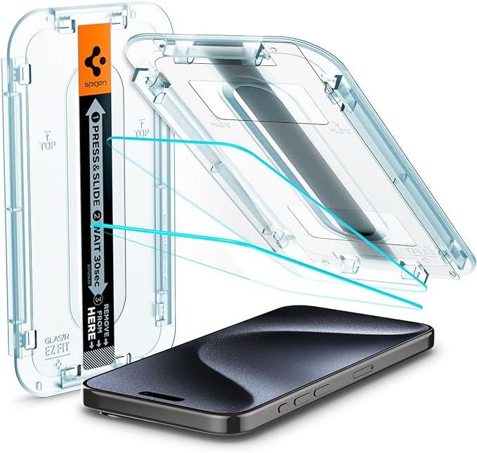 Spigen GlasTR EZ FIT Tempered Glass Screen Protector for iPhone 15 Pro | 9H Hardness Tempered Glass Easy Installation Kit Case-Friendly Crystal Clear Touch Responsive Oleophobic Coating