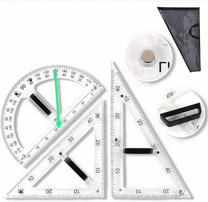 Magnetic Teaching Ruler Set with Multi-Functional Geometry Tools Durable ABS Plastic for Whiteboard Classroom Projects Student Teacher Math Supplies (Clear 3pcs)