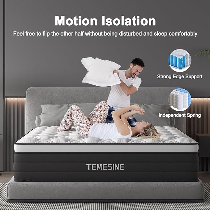 King Size Mattress, 10 Inch Hybrid Mattress in a Box with Individual Pocket Spring, Gel Memory Foam and Euro Top, Medium Firm Feel with Motion Isolation, Pressure Relief, Edge Support,Black