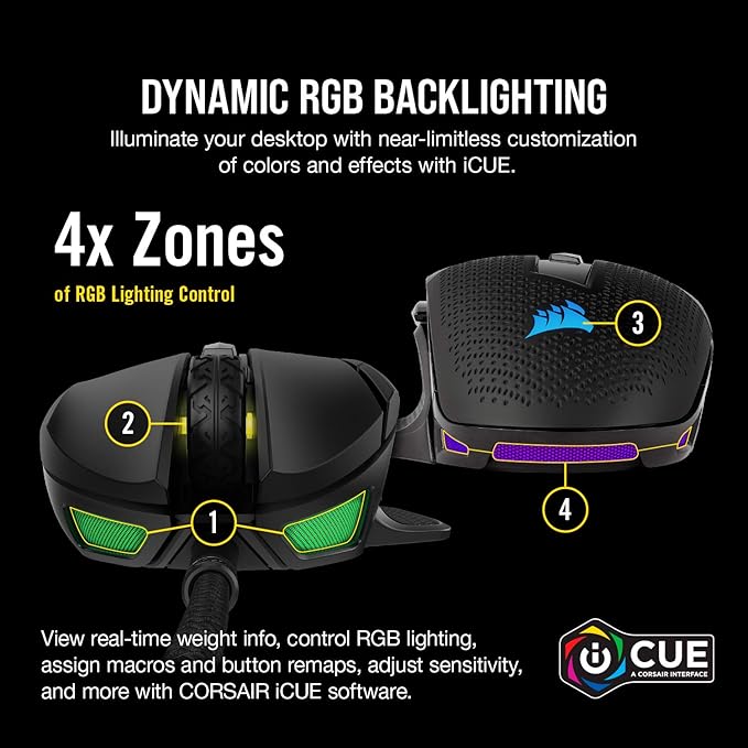 Corsair NIGHTSWORD RGB Gaming Mouse for FPS, MOBA - 18,000 DPI - 10 Programmable Buttons - Weight System - iCUE Compatible - Black