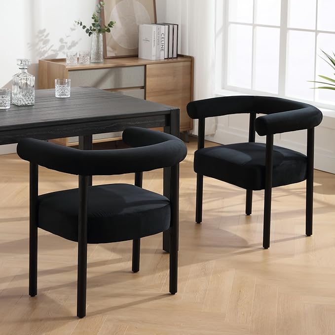 Mid-Century Modern Dining Chairs Set of 4, Armrest Barrel Dining Chairs Side Chairs with Curved Back, Upholstered Wood Armchairs for Kitchen, Velvet Black