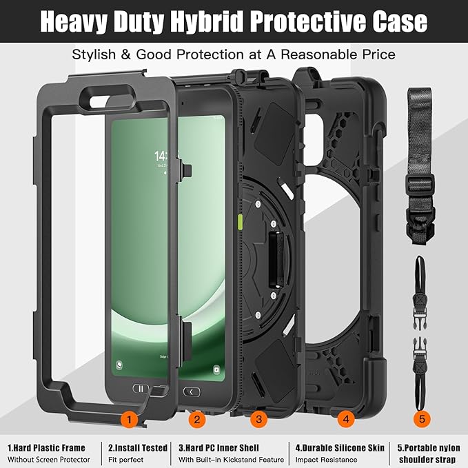 Samsung Galaxy Tab Active5/Active 3 8.0 Case with 360 Stand Handle Hand Strap &amp Shoulder Strap for Galaxy Tab Active5 8 2024 X300/X307 Active3 8 2020 T570/T575/T577 (Black)