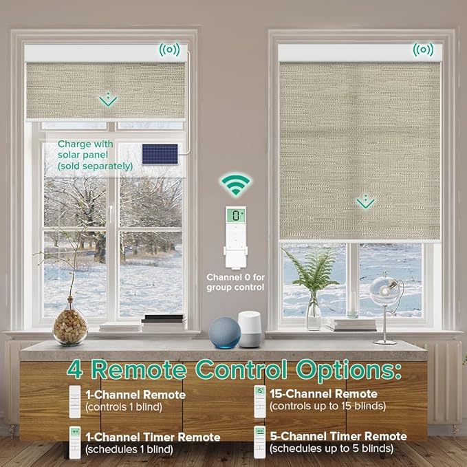 Kilonity Motorized Roller Shades, Light Filtering Remote Control Custom Window Shades Compatible with Alexa Google Assistant via RF Hub, Rechargeable Electric Blinds for Windows (Texture Dark Coffee)