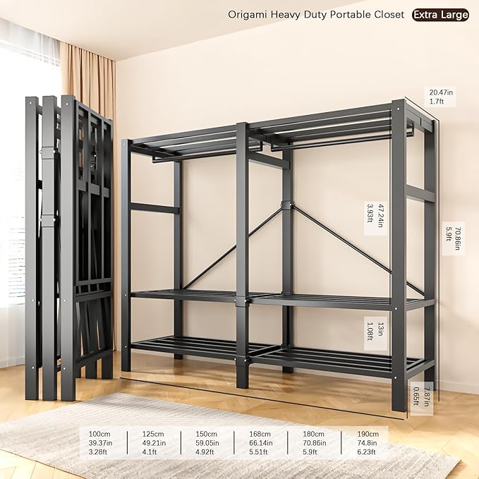 Foldable Portable Armoire Wardrobe Closet for Hanging Clothes Rack, Heavy Duty Covered Clothes Rack with Cover(HARDBOARD Magnetic), Closet Garment Rack for Bedroom Storage (KT Coffee, 59.05in)