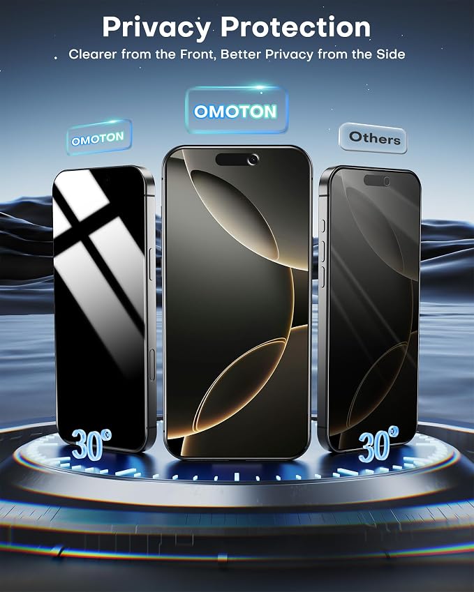 OMOTON Privacy Screen Protector for iPhone 16 Pro Max [Auto-Align Installation] Tempered Glass with 9H+ Hardness &amp 12FT Military Grade Shatterproof 100% Anti-Spy Full Coverage Protection 2 Pac