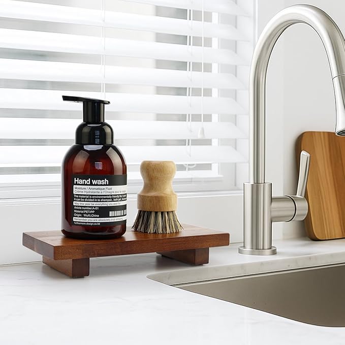 Acacia Wood Riser Pedestal Stand Farmhouse Small Bathroom Vanity Tray Rustic Wooden Hand Soap Dish Dispenser Holder for Kitchen Sink Counter Decorative Tray Modern Bathroom Decor Organizer Accessories