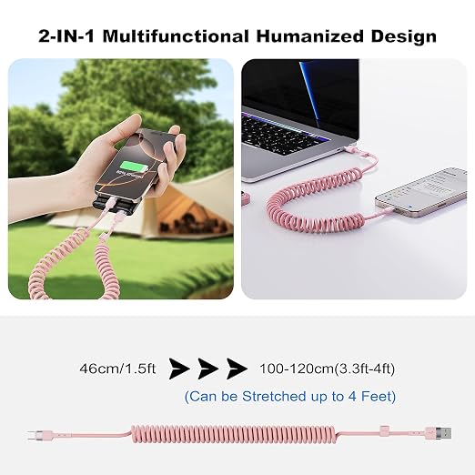 2Pack CarPlay USB A to USB C Coiled Charge Cable for iPhone 15Short Car/Uber Charging Cord Sync Data Retractable Charger for iPhone 15/16 Pro Max Samsung for Apple CarPlay &amp Android Auto-4Ft Pi
