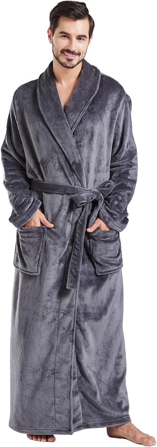 FashGudim Mens Robes Big and Tall Full Length Plush Fleece Long Robe for Men Bathrobe Shawl Collar Warm Winter House Robes