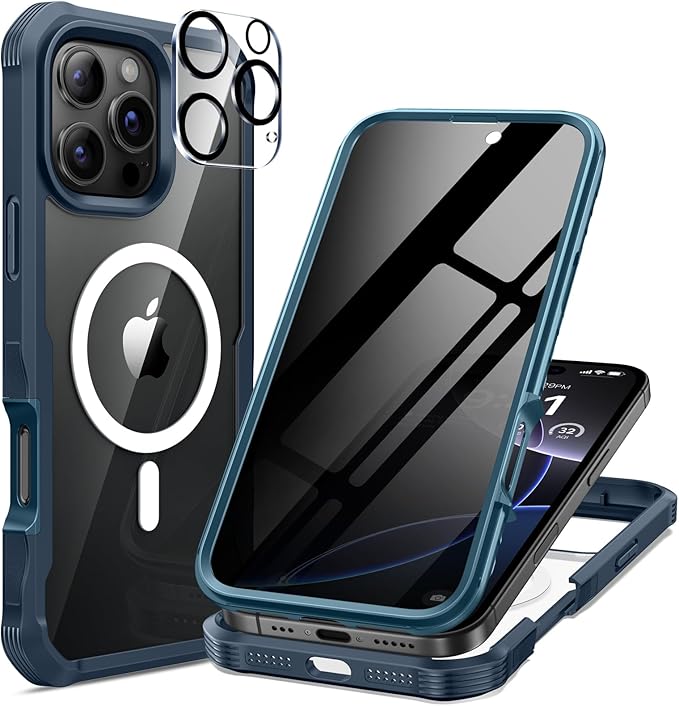 seacosmo for iPhone 16 Pro Max Case, Full Body Bumper with Built-in 9H Tempered Glass Privacy Screen Protector and Camera Lens Protector, Compatible with MagSafe, Shockproof Phone Cover, 6.9", Blue