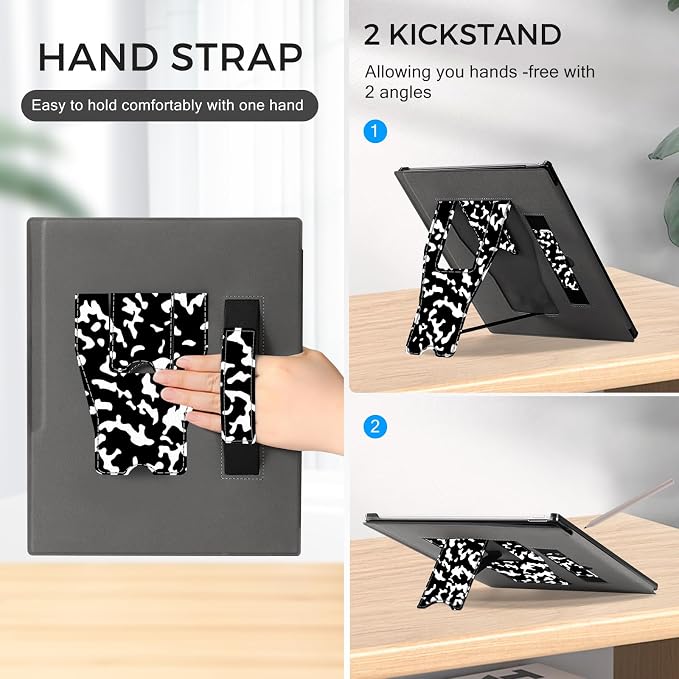 CoBak Stand Case for Remarkable 2 Paper Tablet 2020 10.3 with Hand Strap | Lightweight and Hard Back Shell Protective Book Folio Cover with 2 Kickstand Stand Angles and Pen Holder Features Black