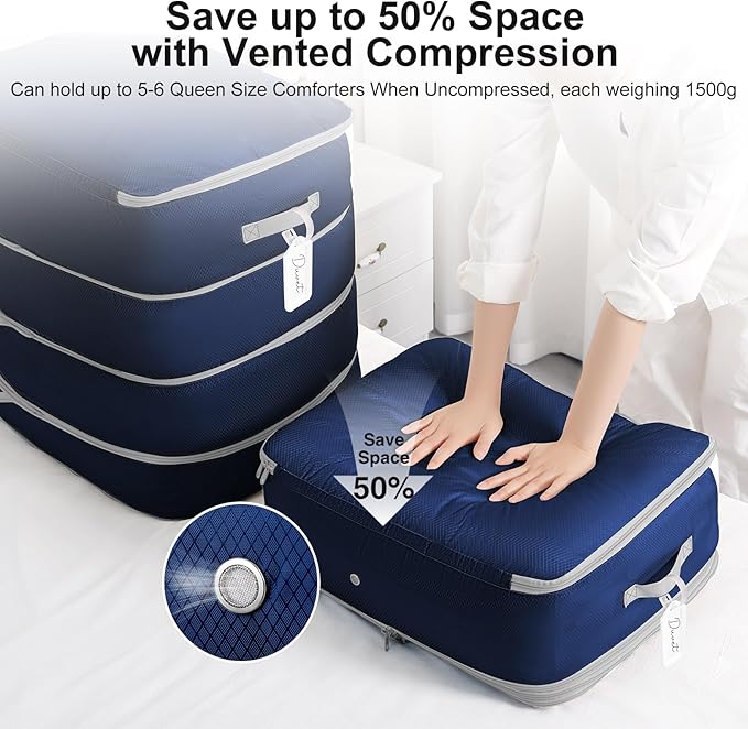 Comforter Storage Bag - Large Capacity Blanket Storage Bags 4-Layer Ultra Space Saving Self Compression Organizer, Washable Compression Bags for Storage Comforter Blanket, 4-Pack, Navy Blue