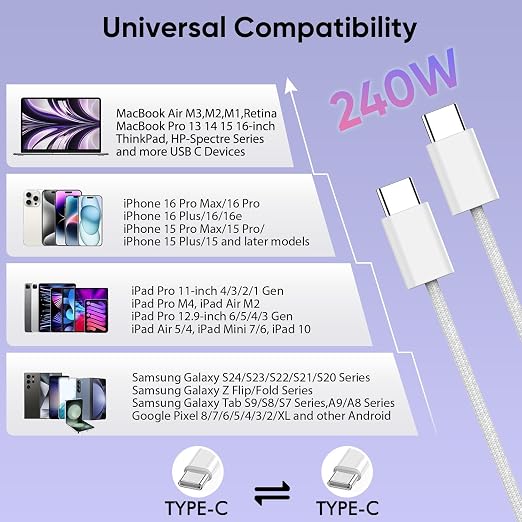 USB C to USB C 240W USB C Cable 2-Pack 10ft C to C Cable Fast Charging for MacBook Pro/MacBook Air iPad Pro/iPad Air iPhone 16 15 Pro Max Plus Samsung GalaxyCompatible 140W/100W/65W/45W/35W/20W