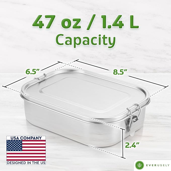 Bento Box - 47 oz - 5 Compartment Bento Box - Metal Lunch Box w/ Lock Clips