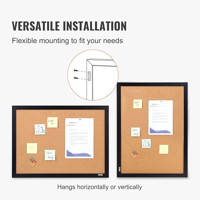 VEVOR Cork Board for Office, 36'' x 24'' Bulletin Board for Wall, Push Pin Board with Framed for Office Home and School