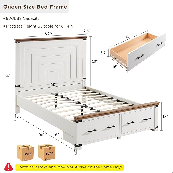T4TREAM Farmhouse Queen Size Bed Frame with 54" Tall Geometric Headboard & 2 Large Storage Drawers, Rustic Wood Platform Bed with Wood Slats Support, No Box Spring Needed, Antique White