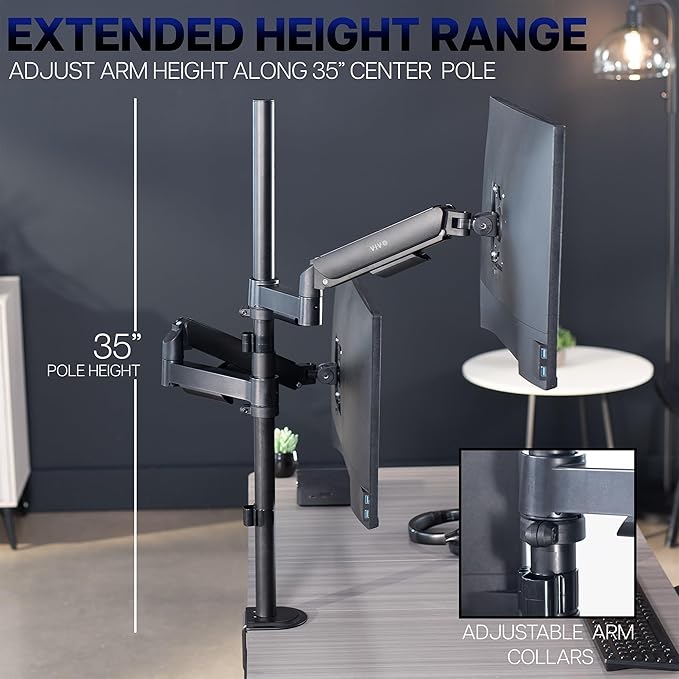 VIVO Dual Monitor Arm Extra Tall Mount for Screens up to 32 inches, Mechanical Height Adjustment, Full Articulating Heavy Duty VESA Stand with Desk C-clamp and Grommet, STAND-V012K