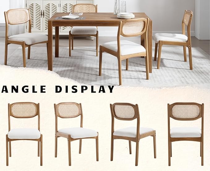 EALSON Mid Century Modern Rattan Dining Chairs Set of 4 Upholstered Sherpa Boucle Dining Room Chairs with Cane Back Farmhouse Kitchen Chairs Comfy Side Chairs with Hardwood Frame,Cream