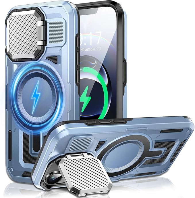 Camera Stand Case for iPhone 16E, [Compatible with Mag Safe] [Lens Cover] 2024 Version Military Grade Protective Soft Case for iPhone 16E 6.3 inch Men Women, Blue