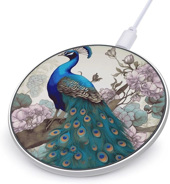 Peacock Floral Wireless Charger Fast Charging Pad | Anti-Slip Qi Certified Wireless Charging Pad for All Phones with Wireless Charging Function for Home Office Travel