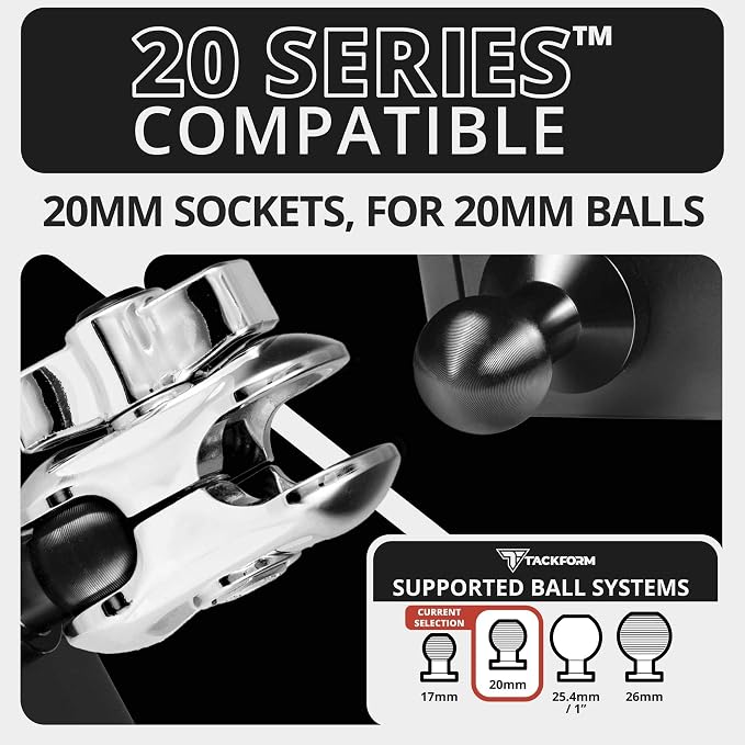 2 Long Metal 20mm Ball and Socket Arm | Tackform DuraLock 20 Series | Dual 20mm Sockets with Optional Anti-Theft Knob | Black