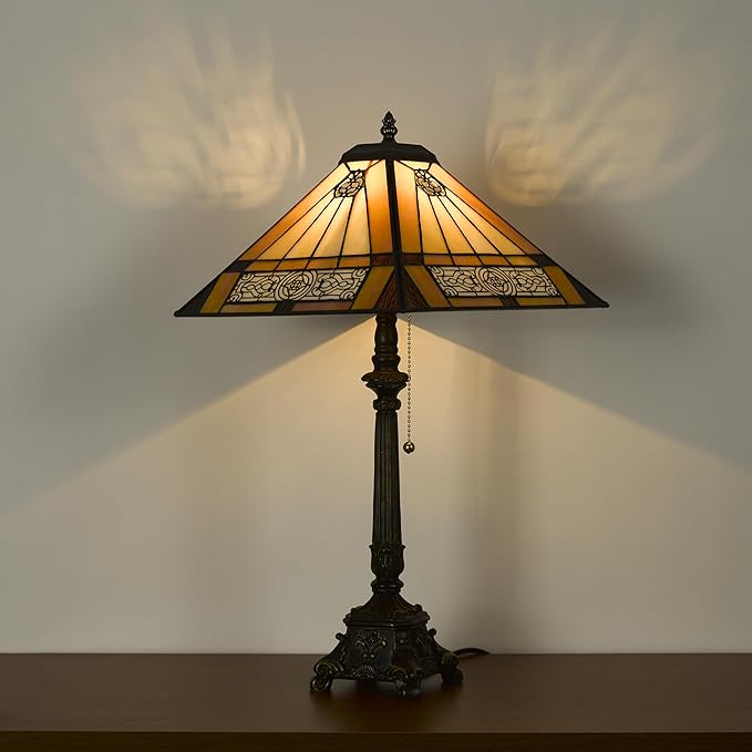 Tiffany Table Lamps Yellow Stained Glass Striped Checkered Style Mission Desk Lamp 12X12X24 Inch Bronze Resin Base