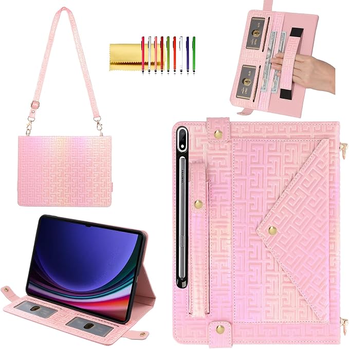 Handbag Case for Samsung Galaxy Tab S10 FE/S9 FE 10.9/S9/S8/S7 11 Techcircle Folio Stand Crossbody Wallet Protective Cover with S Pen Holder &amp Card Slots Hand Strap &amp Shoulder Strap Black
