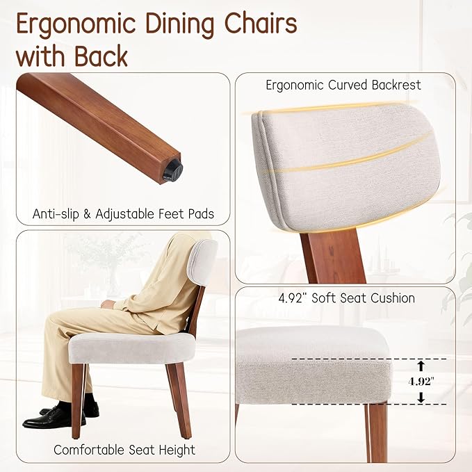 Dining Chairs Set of 4, Mid-Century Modern Upholstered Kitchen Chairs with Curved Backrest and Linen Fabric Seat, Wood Leg Accent Chairs for Dining Room, Living Room, Bedroom, Linen Beige