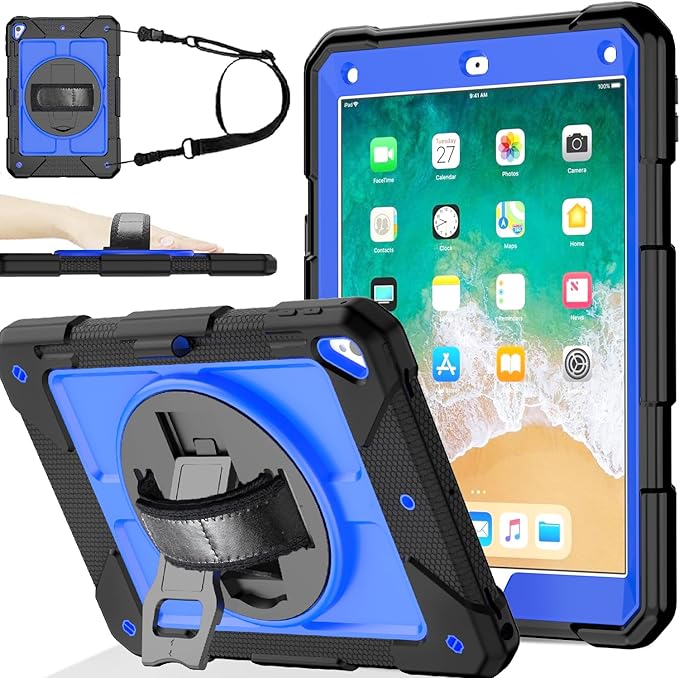 BMOUO Case for iPad 6th/5th Generation Case (9.7 inch 2018/2017) 360°Rotating Stand Hand/Shoulder Strap Shockproof iPad 9.7” Case for iPad Air 2 Black