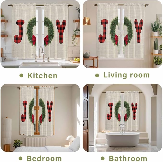 Red Green Christmas Window Curtains 63 Inch Long 2 Panel Set, Rod Pocket