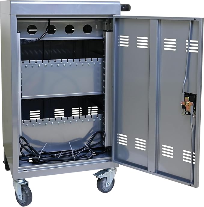 35 Device Charging Cart for Laptops and Tablets Up to 16.3-inch, Mobile Charging Station with AC Outlets, Secure Storage and Cable Management, Mobile Charging Cabinet for Ipads, Chromebooks, Silver