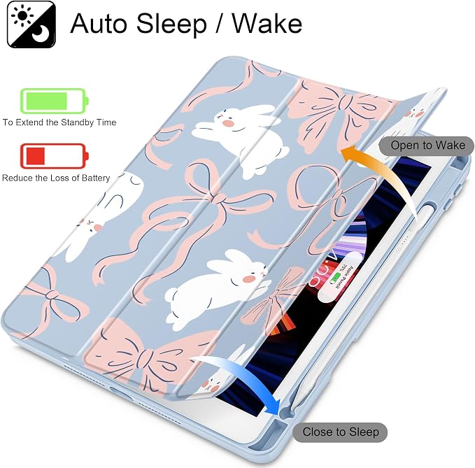 Case for iPad 9th/8th/7th Generation 10.2-Inch (2021/2020/2019 Release) with [Built-in Pencil Holder] Shockproof Cover with Clear Transparent Back Shell &amp Auto Wake/Sleep - Blue Bows