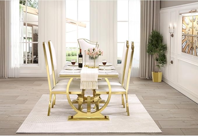 White and Gold Dining Chairs Set of 6, White PU Leather Dining Room Chair with Gold Polished Metal Legs, Glam Upholstered Kitchen Chairs for Dining Room, Kitchen, Living Room