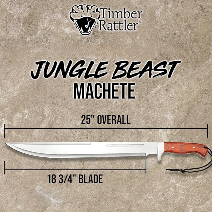 Timber Rattler Jungle Beast Machete | 18 3/4" Stainless Steel Blade | Secure Wooden Handle | Stainless Steel Guard | Durable Nylon Sheath Included | 25" Overall Length