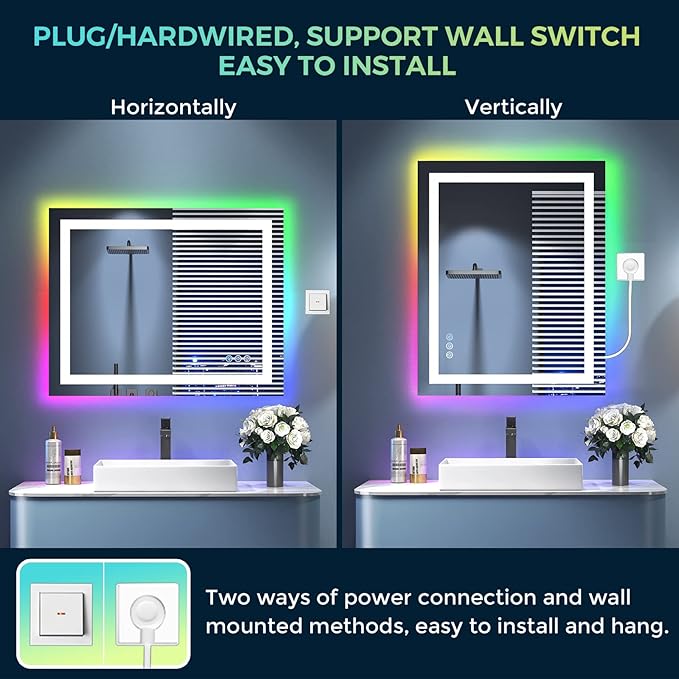 YEELAIT 36x30 Inch RGB LED Bathroom Mirror Front Light and RGB Backlit Lighted Vanity Mirror for Bathroom Wall Mounted Dimmable Anti Fog Memory Shatter-Proof IP54 Waterproof Horizontal/Vertical