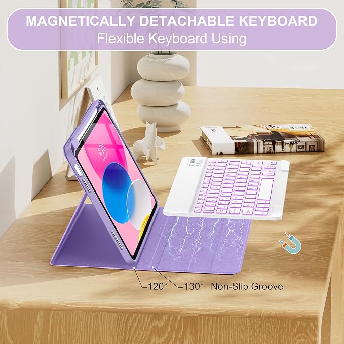 Soke for iPad (A16) 11th/10th Gen Case with Keyboard Black Marble | For iPad 11/10.9 inch(2025/2022) 7 Color Backlight Magnetic wireless Detachable Keyboard Case Built-in Pencil Holder