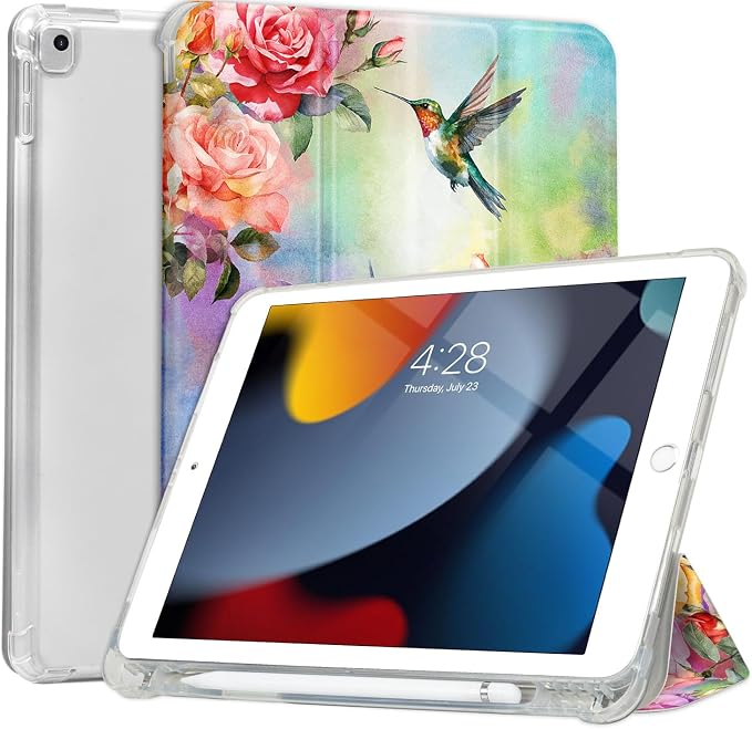Lokigo for iPad 9th/ 8th/ 7th Generation Case 10.2 Inch (2021/2020/2019 Release) iPad Air 10.5 (3rd Generation) 2019 /Pro 10.5 2017 Case with Translucent Hard Shell Back -Flowers
