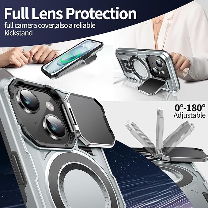 Camera Stand Case for iPhone 15, [Compatible with MagSafe] [Lens Cover] 2024 Version Military Grade Protective Soft Case for iPhone 15 6.1 inch Men Women, Grey
