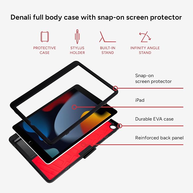 ZAGG Denali iPad 10.2-Inch Case - Ultra-Durable Eco-Friendly Drop-Resistant with Snap-On Screen Protector &amp Infinity Angle Stand Compatible with 7th-9th Gen Black