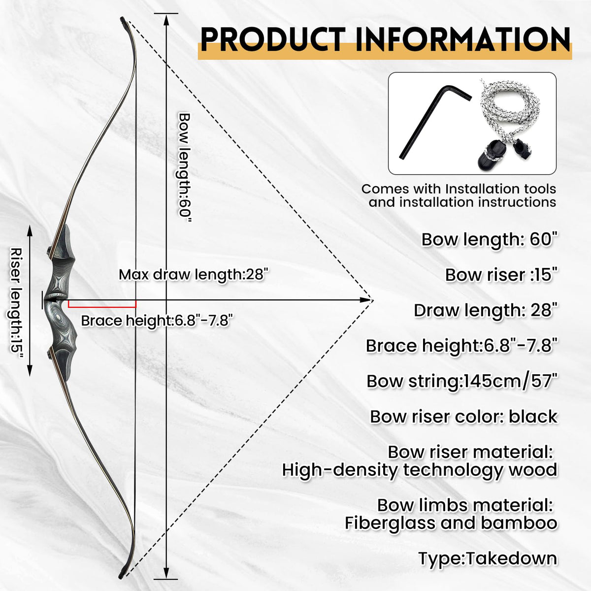Obert Original Black Hunter Archery Takedown Recurve Bow 58inch with Bamboo Core Limbs Hunting Target Practice