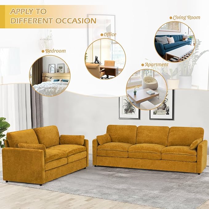 89” Chenille Sofa w/Arm Pillows, Upholstered 3-Seater Sofa w/Comfortable Back Cushions, Modern 3 Seats Couch w/High-Density Foam for Living Room, Apartment, Office, Yellow