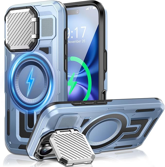 Camera Stand Case for iPhone 16, [Compatible with MagSafe] [Lens Cover] 2024 Version Military Grade Protective Soft Case for iPhone 16 6.1 inch Men Women, Blue
