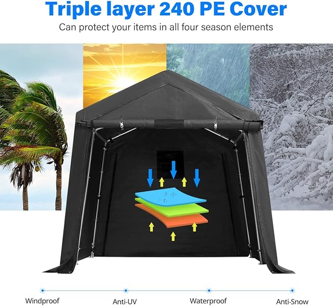 ADVANCE OUTDOOR 8x8 ft Storage Shelter Garage Tent with 2 Roll up Doors & Vents Outdoor Portable Carport for Motorcycle ATV Anti-UV Snow Resistant Waterproof, Gray