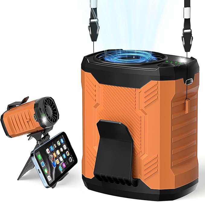 FlarePoint Portable 4-in-1 Waist/Neck/Desk Fan with Phone Stand & LED Light | 10000RPM Ultra-Fast Cooling, 4-Speed Rechargeable Battery | Lightweight for Indoor, Outdoor, Camping, Makeup(Orange)