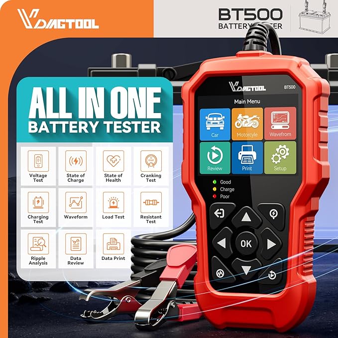 Car Battery Tester 6V 12V 24V VDIAGTOOL BT500, 5-3000 CCA Battery Load Tester, Starter Alternator Tester Automotive Charging Cranking System Analyzer for Car Truck Motorcycle SUV ATV Boat