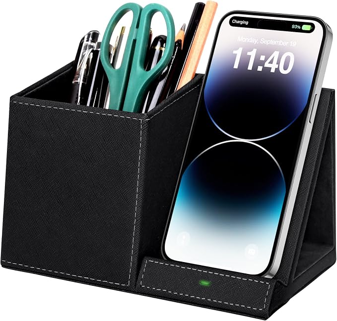 Bamboo Pen Holder for Desk &amp Nightstand Organizer with Fast Wireless Charging for iPhone Samsung &amp More – Office Desk Accessories for Men/Women (Bamboo)