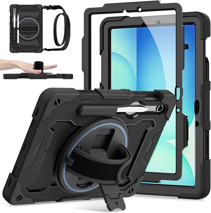 Galaxy Tab S10 Lite/S10 FE/S9 FE 5G/S9 Case 10.9/11 inch | with Screen Protector 360° Rotating Kickstand Hand/Shoulder Strap Heavy Duty Shockproof Cover S Pen Holder Kids Friendly